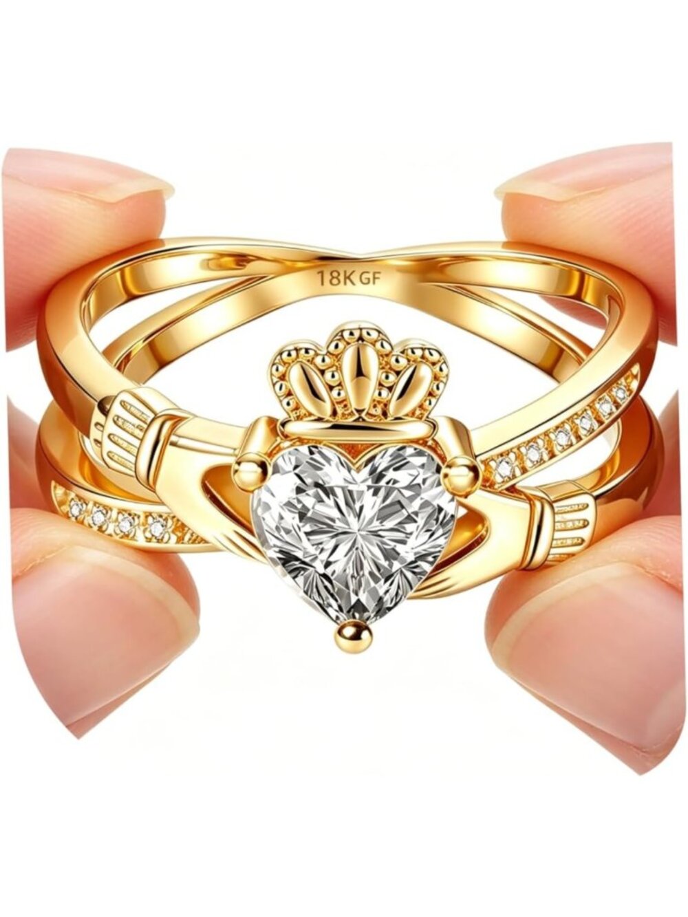 Elegant Gold Claddagh Ring for Women, 18K Non-Tarnish Promise Ring with Heart